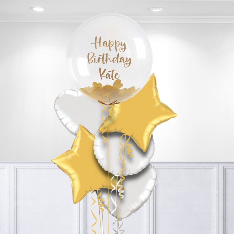 Personalised Gold & White Bubble Balloon Bunch