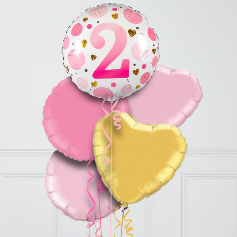 2nd Birthday Pink Dots & Hearts Inflated Foil Balloon Bunch