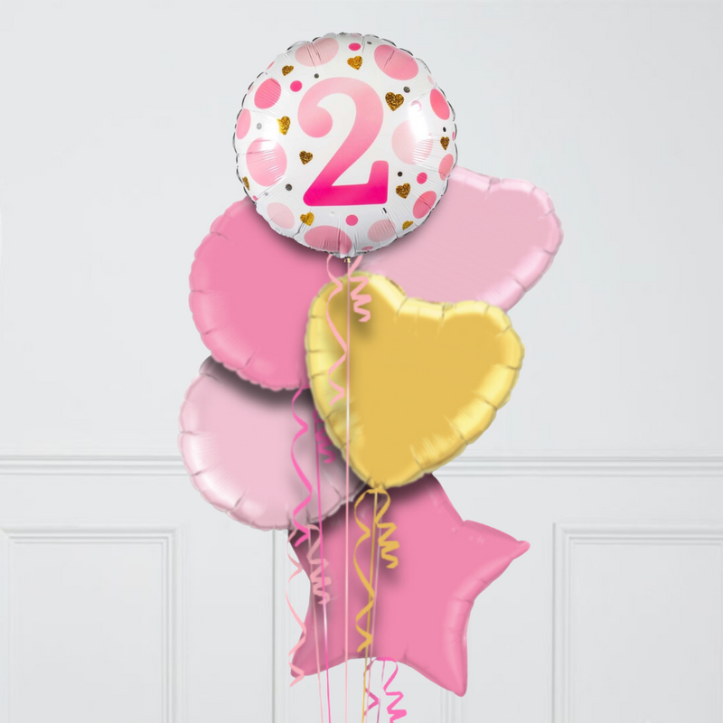 2nd Birthday Pink Dots & Hearts Inflated Foil Balloon Bunch