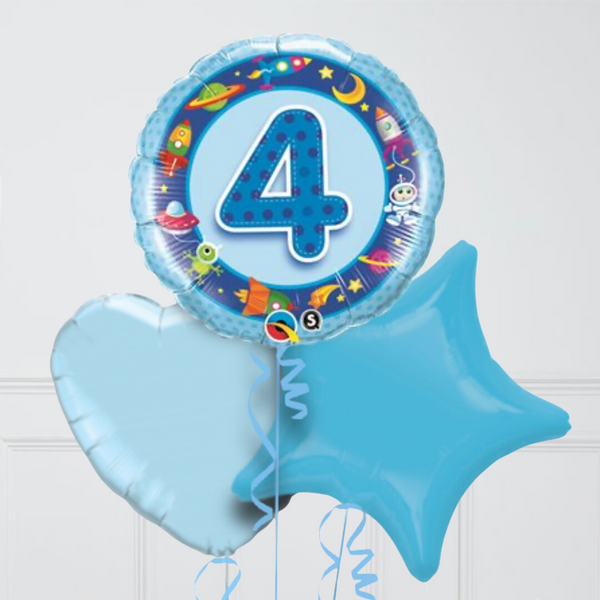 4th Birthday Blue Galaxy Inflated Foil Balloon Bunch
