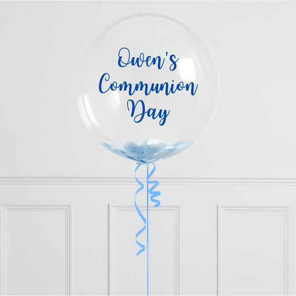 Communion Personalised Blue Confetti Bubble Balloon