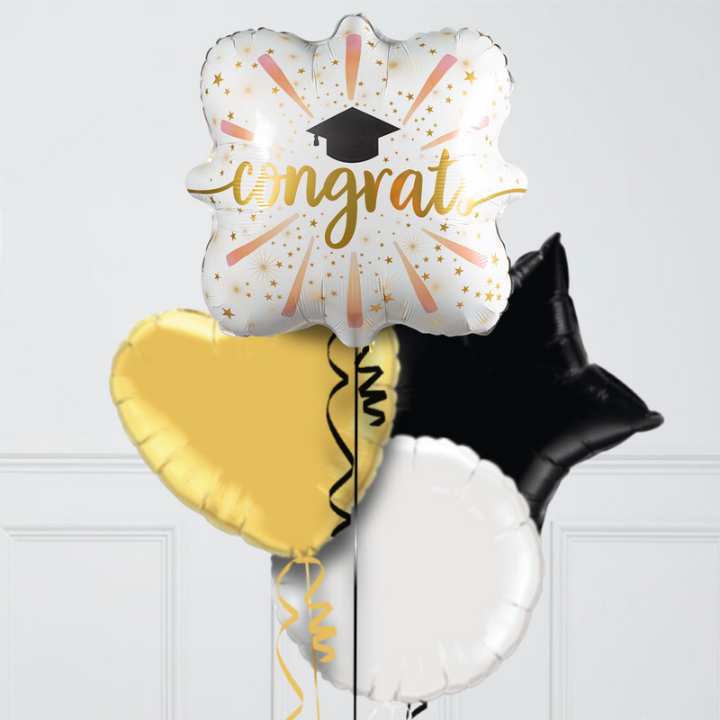 Congrats Grad Gold & Black Inflated Foil Balloon Bunch