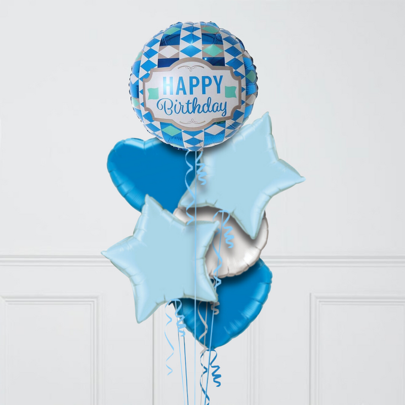 Happy Birthday Classy Blue Inflated Foil Balloon Bunch