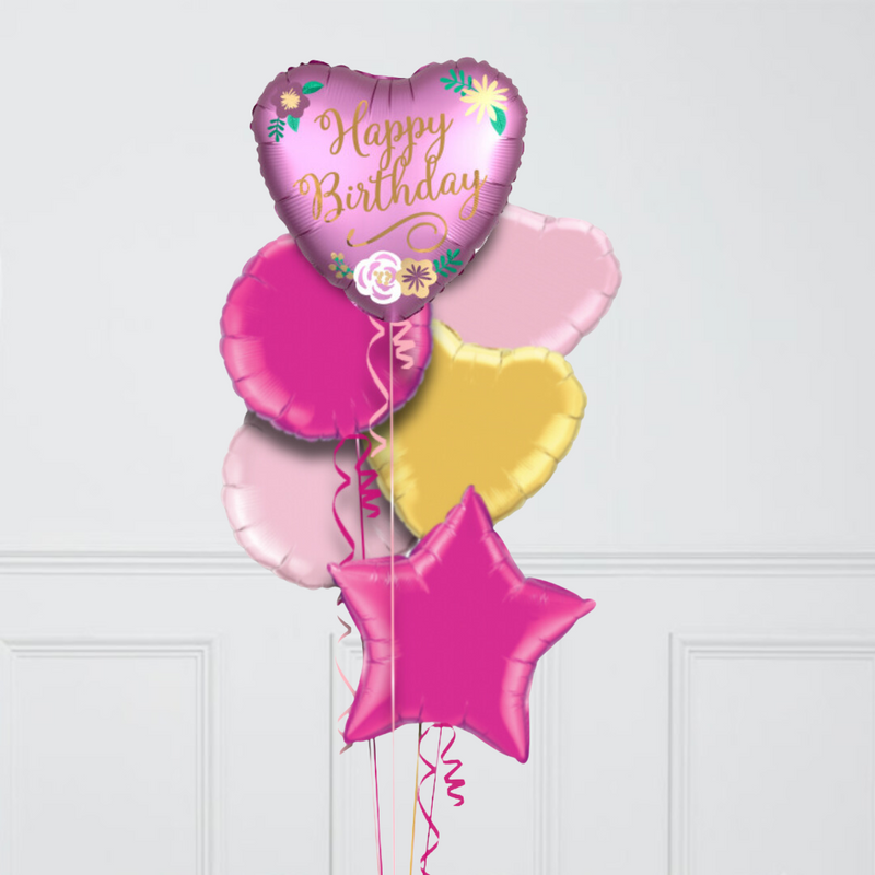 Happy Birthday Pink Heart Inflated Foil Balloon Bunch