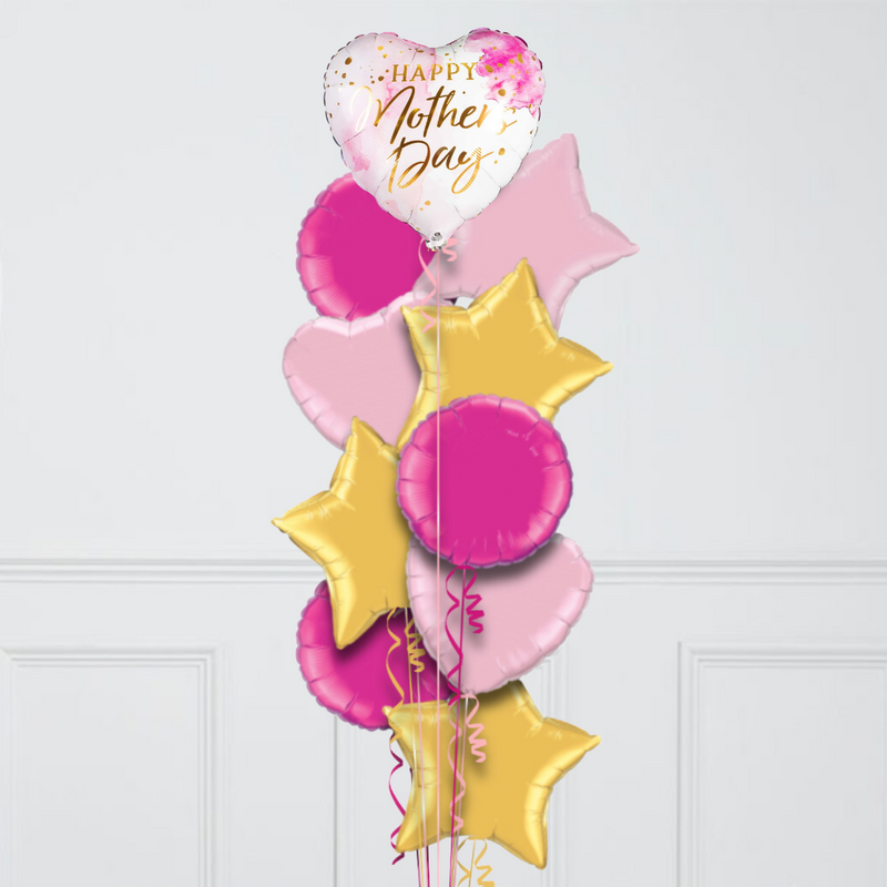 Happy Mother's Day Pink Watercolour Hearts Inflated Foil Balloon Bunch