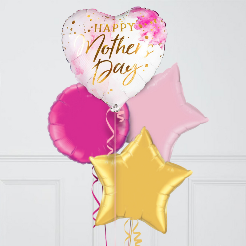 Happy Mother's Day Pink Watercolour Hearts Inflated Foil Balloon Bunch