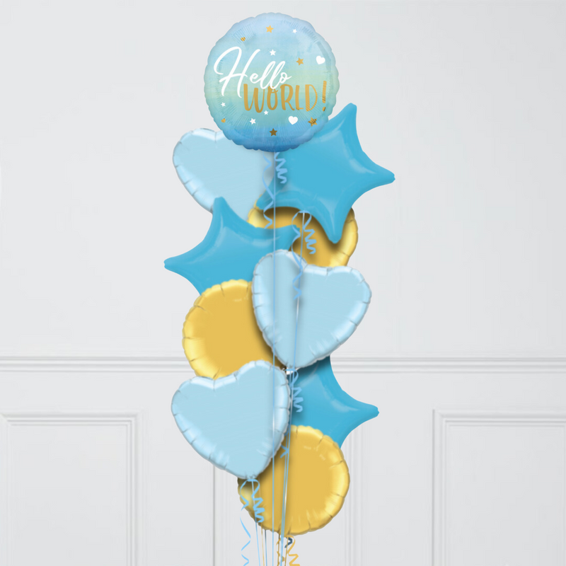 Hello World Blue Gradient Inflated Foil Balloon Bunch