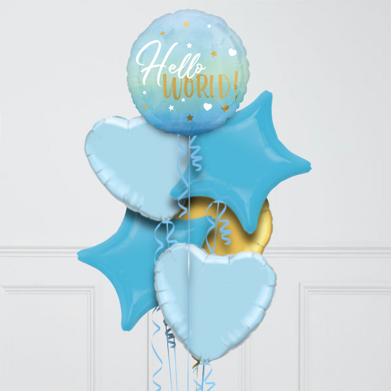 Hello World Blue Gradient Inflated Foil Balloon Bunch