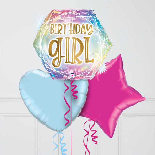 Holographic Birthday Girl Inflated Foil Balloon Bunch
