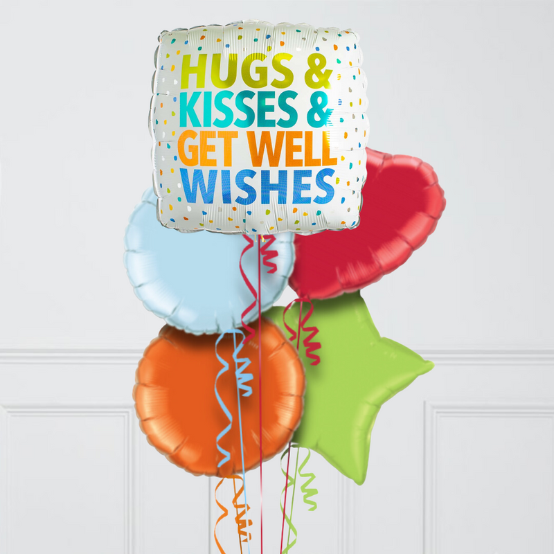 Hugs, Kisses & Well Wishes Rainbow Hearts Inflated Foil Balloon Bunch