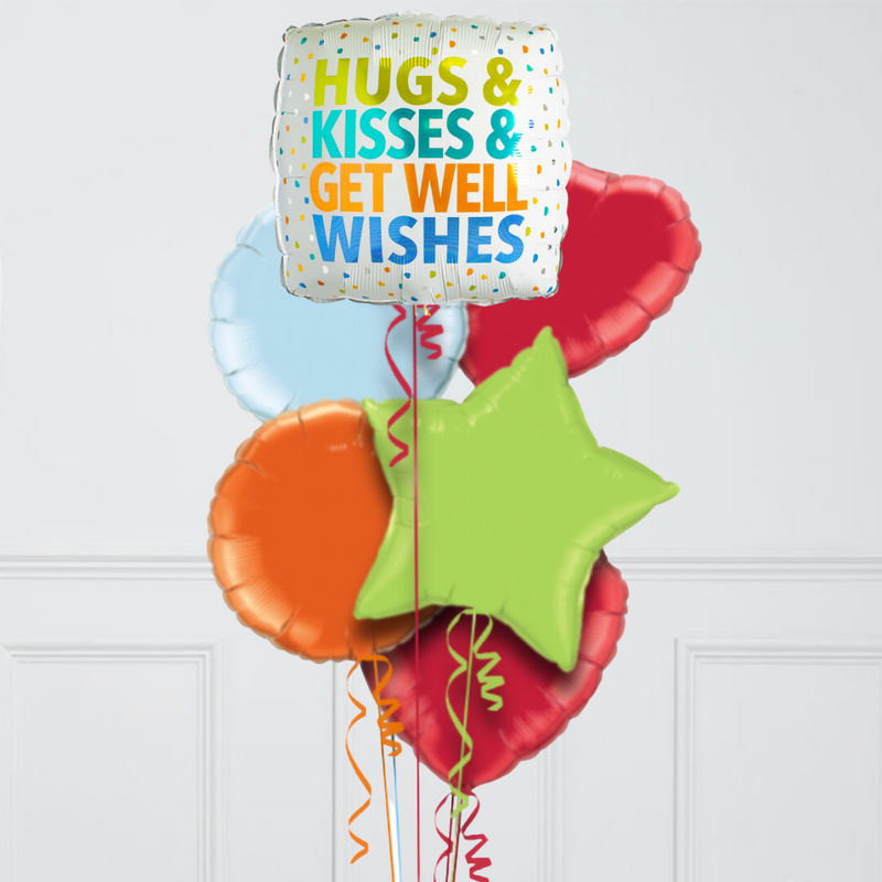 Hugs, Kisses & Well Wishes Rainbow Hearts Inflated Foil Balloon Bunch