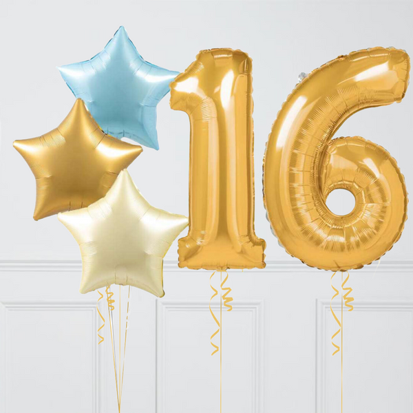 Inflated Golden Baby Blue Birthday Balloon Numbers