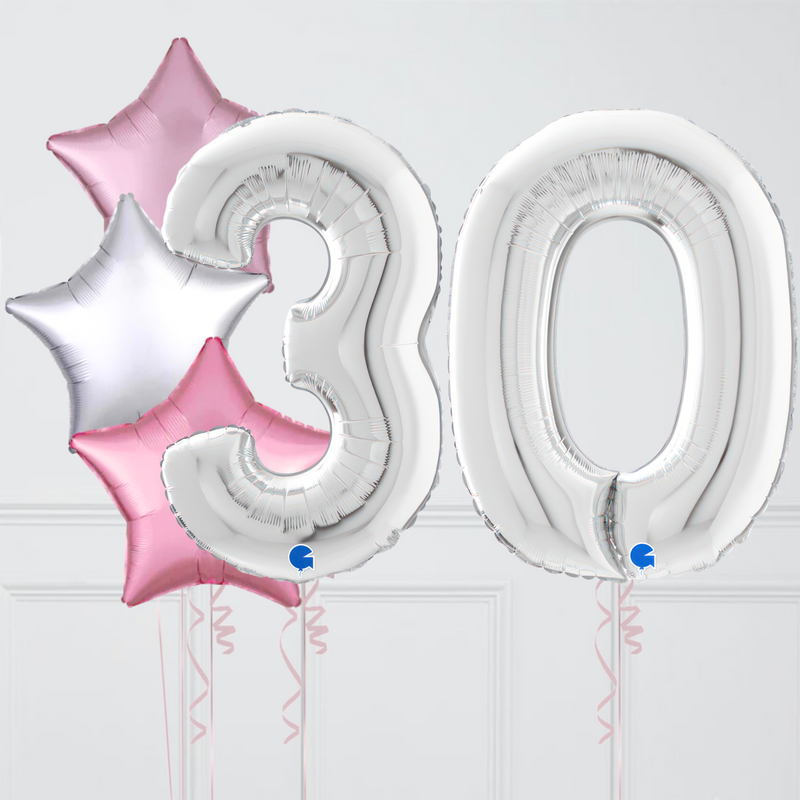 Inflated Rose Pink Silver Birthday Balloon Numbers