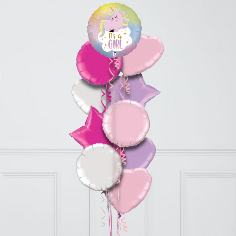 It's A Girl Baby Unicorn Inflated Foil Balloon Bunch