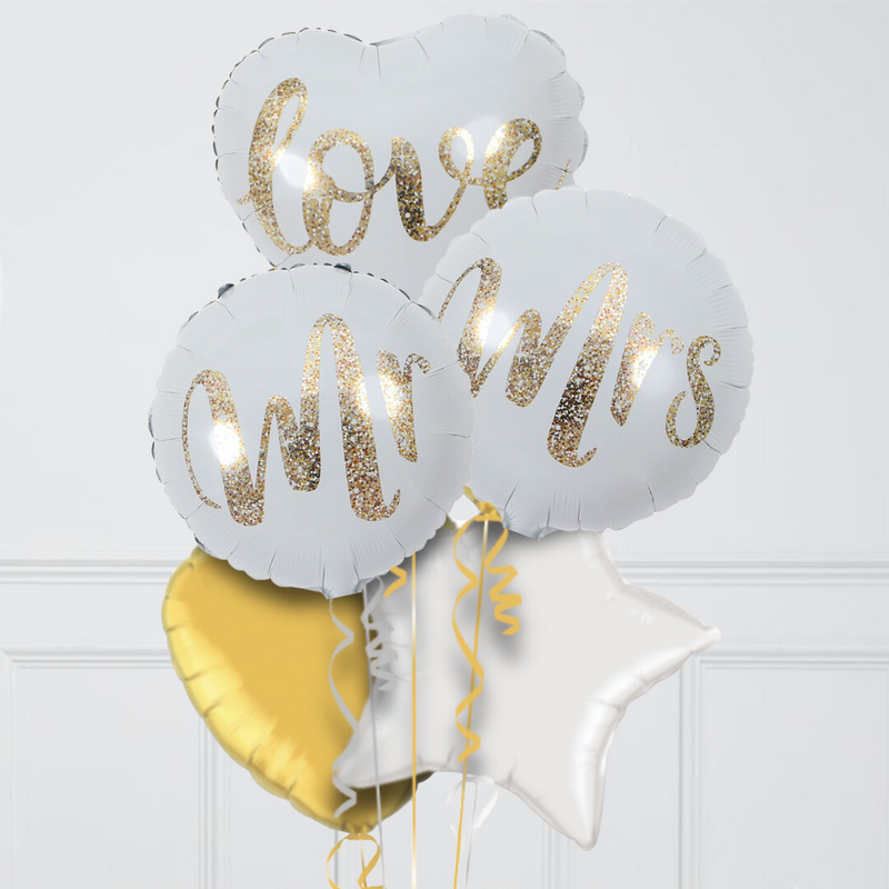 Mr & Mrs Wedding Gold Inflated Foil Balloon Bunch