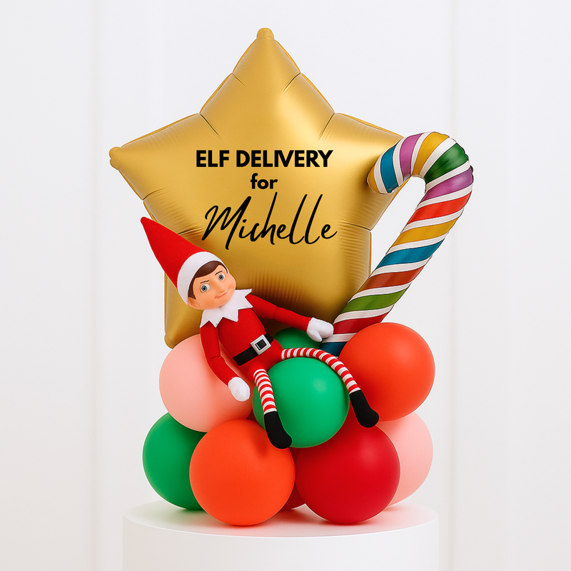 Personalised Gold Elf Delivery Balloon Stack