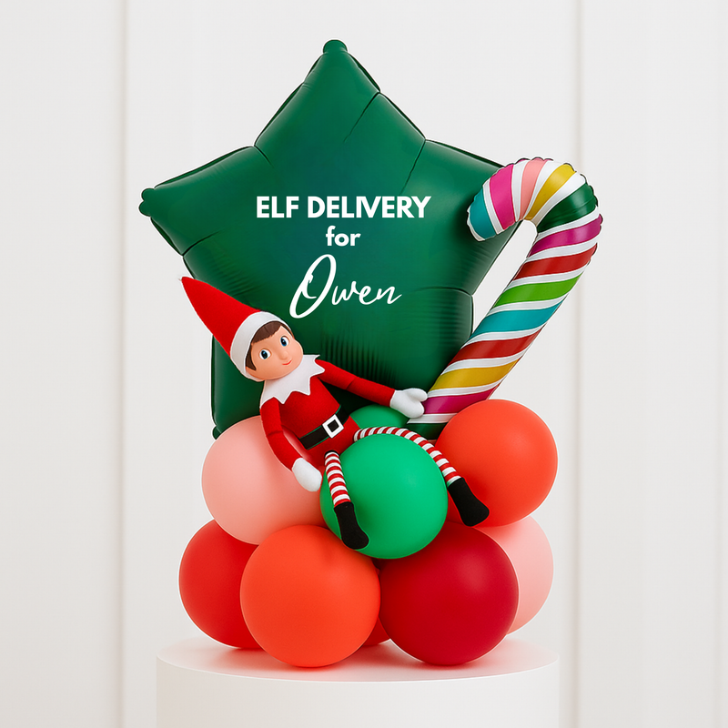 Personalised Green Elf Delivery Balloon Stack