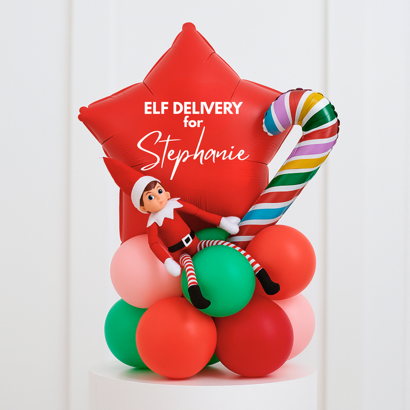Personalised Red Elf Delivery Balloon Stack