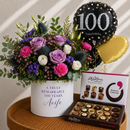 Personalised 100th Birthday Flowers, Balloons & Chocolates Gift Set