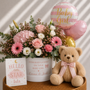 Personalised Baby Girl Flowers, Balloons, Card & Teddy Bear Gift Set