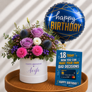 Personalised Lavender Rose Hat Box, Birthday Balloon & Greeting Card